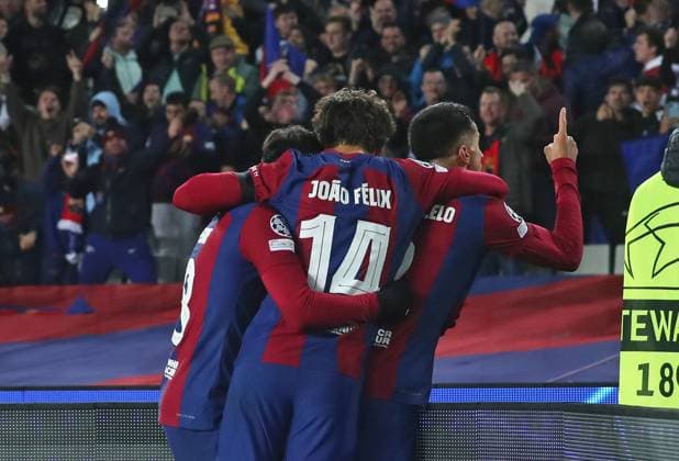 FC Barcelona, Barca v FC Porto: Group H - UEFA Champions League 2023 24 Joao Cancelo and Joao Felix are celebrating a goal during the match between FC Barcelona and FC Porto for week 5 of the group stage of the UEFA Champions League, played at the Olympic Stadium Lluis Companys in Barcelona, Spain, on November 28, 2023. Barcelona Barcelona Spain  Copyright: xUrbanandsportx originalFilename:urbanandsport-fcbarcel231128_npaLV.jpg