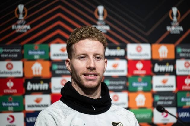231129 Samuel Gustafson at a press conference with Häcken on November 29, 2023 in Gothenburg Photo Mathias Bergeld BILDBYRAN code MB MB0784 football soccer fotball uefa europa league press conference press conference training häcken bbeng  Copyright: MATHIASxBERGELD BB231129MB009