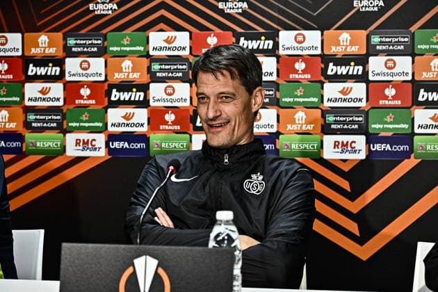Conference de Presse de l Entraineur de l Union Saint Gilloise Alexander Blessin FOOTBALL : Toulouse vs Union St Gilloise - Match 5 Phase de Groupe de la Ligue Europa - Toulouse - 29-11-2023 ThierryBreton Panoramic 