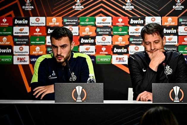 Conference de Presse de l Entraineur de l Union Saint Gilloise Alexander Blessin et du joueur Charles Vanhoutte FOOTBALL : Toulouse vs Union St Gilloise - Match 5 Phase de Groupe de la Ligue Europa - Toulouse - 29-11-2023 ThierryBreton Panoramic 