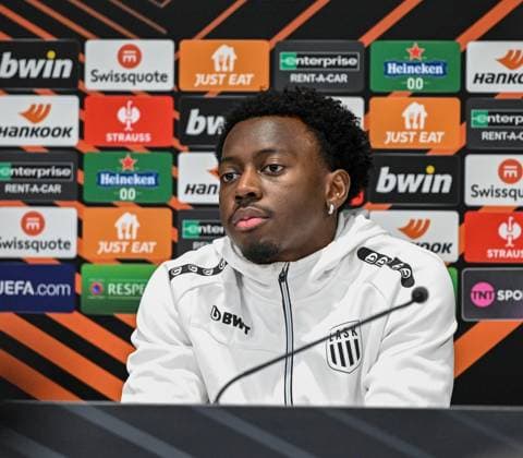 SOCCER - UEFA EL, Liverpool vs LASK LIVERPOOL,ENGLAND,29.NOV.23 - SOCCER - UEFA Europa League, group stage, Liverpool FC vs Linzer ASK, preview, press conference, PK, Pressekonferenz LASK. Image shows George Bello (LASK).  GEPAxpictures xAvnixRetkoceri
