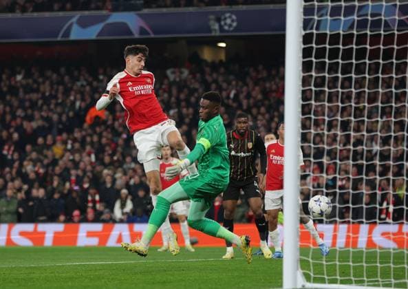 London, England, 29th November 2023. Kai Havertz of Arsenal scores the opening goal during the UEFA Champions League match at the Emirates Stadium, London. Picture credit should read: Paul Terry Sportimage EDITORIAL USE ONLY. No use with unauthorised audio, video, data, fixture lists, club league logos or live services. Online in-match use limited to 120 images, no video emulation. No use in betting, games or single club league player publications. SPI-2761-0007