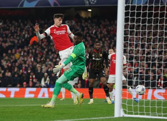 London, England, 29th November 2023. Kai Havertz of Arsenal scores the opening goal during the UEFA Champions League match at the Emirates Stadium, London. Picture credit should read: Paul Terry Sportimage EDITORIAL USE ONLY. No use with unauthorised audio, video, data, fixture lists, club league logos or live services. Online in-match use limited to 120 images, no video emulation. No use in betting, games or single club league player publications. SPI-2761-0008