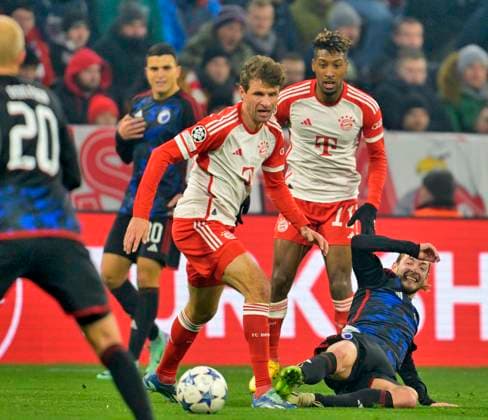 29 11 2023, Football UEFA Championsleague 2023 2024 5 Matchday Preliminary Round, FC Bayern Munich FC Copenhagen, in the Allianz Arena Munich Thomas Müller FC Bayern Munich prevails DFL and DFB regulations prohibit any use of photographs as image sequences and or quasi video