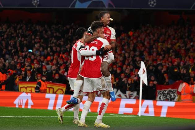 29th November 2023; Emirates Stadium, London, England; Champions League Football, Group Stage, Arsenal versus Lens; Kai Havertz of Arsenal celebrates with Gabriel Jesus after he scores for 1-0 in the 13th minute  ActionPlus12581180 ShaunxBrooks