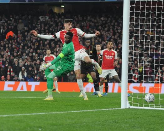 Football - 2023 2024 UEFA Champions League - Group B - Matchday Five Six - Arsenal vs Lens - Emirates Stadium - Wednesday 29th November 2023 Kai Havertz of Arsenal scores his first half goal past goalkeeper, Brice Samba 