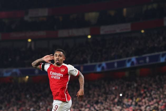 Arsenal gegen Lens 29. November 2023, London Champions™s League Fußball, Gruppe B Arsenal gegen Lens Gabriel Jesus von Arsenal feiert sein zweites Tor Foto Charlotte Wilson Abseits London UK  Copyright: xCharlottexWilsonx xOffsidexOffside