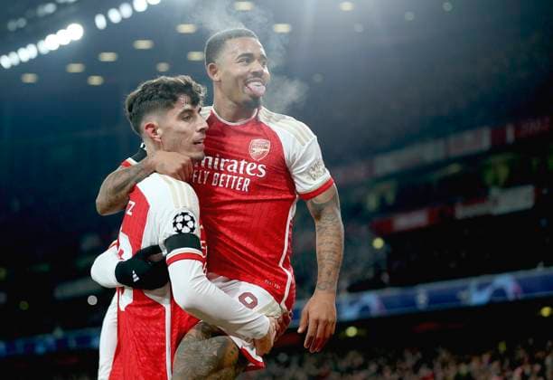 Arsenal FC v RC Lens: Group B - UEFA Champions League 2023 24 Kai Havertz and Gabriel Jesus of Arsenal celebrate 1st goal during the UEFA Champions League match between Arsenal FC and RC Lens at Emirates Stadium on November 29, 2023 in London, United Kingdom. London Emirates Stadium England United Kingdom Copyright: xNigelxFrench Sportsphoto APLx 13962158