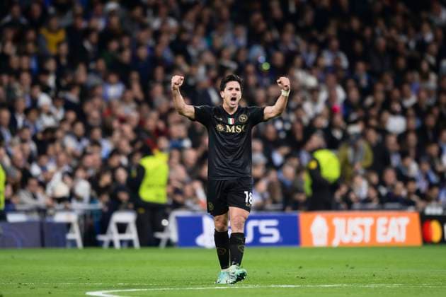 Real Madrid CF v SSC Napoli - UEFA Champions League Giovanni Simeone of SSC Napoli celebrate after scoring the opening gol during the Serie A football match between Real Madrid CF and SSC Napoli. Milan Italy Copyright: xNicolòxCampox