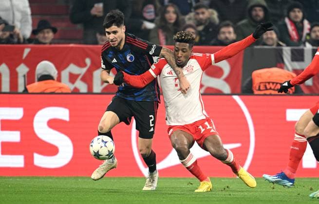 FOOTBALL CHAMPIONS LEAGUE SEASON 2023 2024 Preliminary Round Group A 5 Matchday FC Bayern Muenchen FC Copenhagen 29 11 2023 Kevin Diks left, FC Copenhagen v Kingsley Coman right, FC Bayern Muenchen
