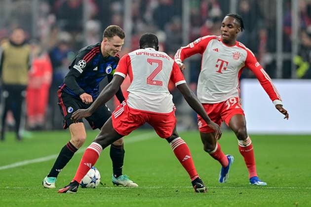 from left Viktor CLAESSON FC Copenhagen, 7 Dayot UPAMECANO FC Bayern Munich, FCB, 2 Mathys TEL FC Bayern Munich, FCB, 39 in duel, duel, tackle, dynamic, action, action, 29 11 2023, Munich Germany , Football, UEFA Champions League, group stage, FC Bayern Munich FC Copenhagen xslx