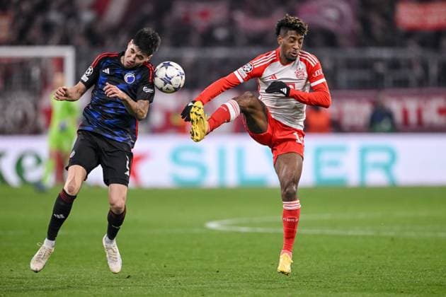 29 11 2023, Munich, Germany, Allianz Arena, Bayern Muenchen vs FC Copenhagen UEFA Champions League 2023 2024 Group A, Kevin Diks F C Copenhagen and Kingsley Coman FC Bayern Muenchen in a duel Photo H Langer Munich Allianz Arena Germany  541_FCBKOP20231129_022 Langer-541