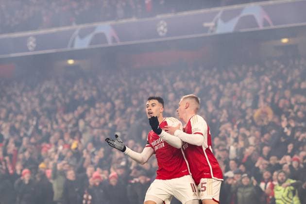 Arsenal gegen Lens 29. November 2023, London Champions™s League Fußball, Gruppe B Arsenal gegen Lens Gabriel Martinelli von Arsenal feiert sein viertes Tor Foto Charlotte Wilson Abseits London UK  Copyright: xCharlottexWilsonx xOffsidexOffside