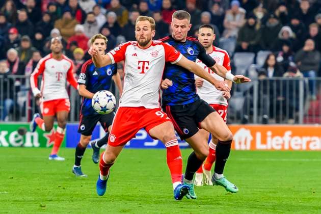 GER, UEFA CL, FC Bayern Muenchen GER vs FC Copenhagen DNK 29 11 2023, Allianz Arena, Muenchen, GER, UEFA CL, FC Bayern Muenchen GER vs FC Copenhagen DNK , Group A, UEFA regulations prohibit any use of photographs as image sequences and or quasi video, in the picture Harry Kane FC Bayern 9 in a duel against Denis Vavro FC Copenhagen 3 nordphotoxGmbHx xStraubmeier nph00004