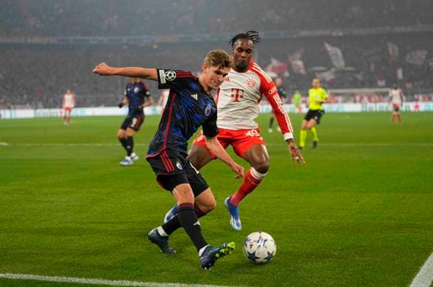 November 29 2023: Mathys Tel (FC Bayern MoÂ¼nchen) and Elias Jelert (FC Copenhagen) battle for the ball during a Champions League - Group A game, Bayern Munich versus FC Copenhagen, at Allianz Arena, Munich, Germany. CSM Munich Germany - ZUMAc04_ 20231129_zma_c04_017 Copyright: xUlrikxPedersenx