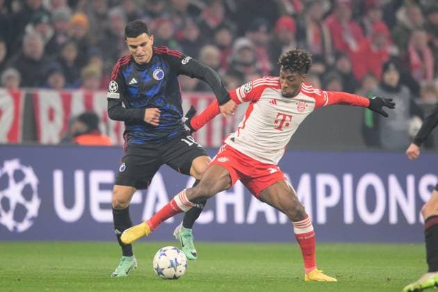 Soccer, UEFA Champions League, 20231129, FC Bayern Munich FC Copenhagen In the picture Mohamed ELYOUNOUSSI FC Copenhagen, 10 and Kingsley COMAN FC Bayern Munich, 11 duel ball Munich Allianz Arena Bayern Germany Copyright: Passion2Press MarkusxFischerx