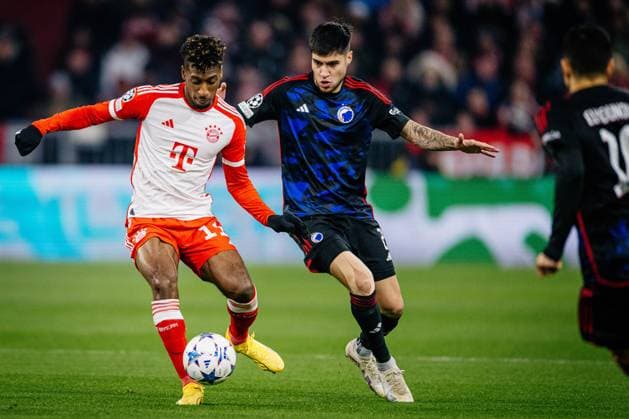 Munich , UEFA Champions League 2023 24 , FC Bayern Munich vs FC Copenhagen In the picture Kingsley Coman FC Bayern Munich vs Kevin Diks FC Copenhagen