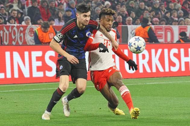 11 Kingsley Coman FCB vs 2 Kevin Diks Copenhagen duel Football UEFA Champions League FC Bayern Muenchen FC Copenhagen Allianz Arena 29 11 2023 PHOTO Mladen Lackovic LakoPress