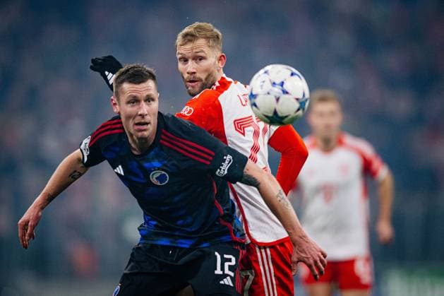 Munich , UEFA Champions League 2023 24 , FC Bayern Munich vs FC Copenhagen In the picture Konrad Laimer FC Bayern Munich vs Lukas Lerager FC Copenhagen