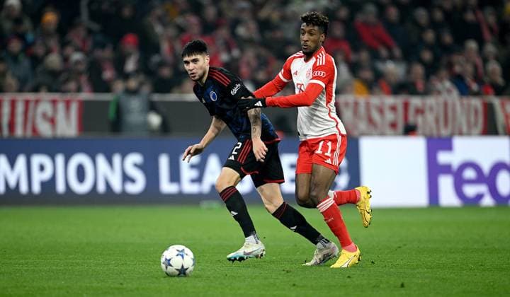 FOOTBALL CHAMPIONS LEAGUE SEASON 2023 2024 Preliminary Round Group A 5 Matchday FC Bayern Muenchen FC Copenhagen 29 11 2023 Kevin Diks left, FC Copenhagen v Kingsley Coman right, FC Bayern Muenchen