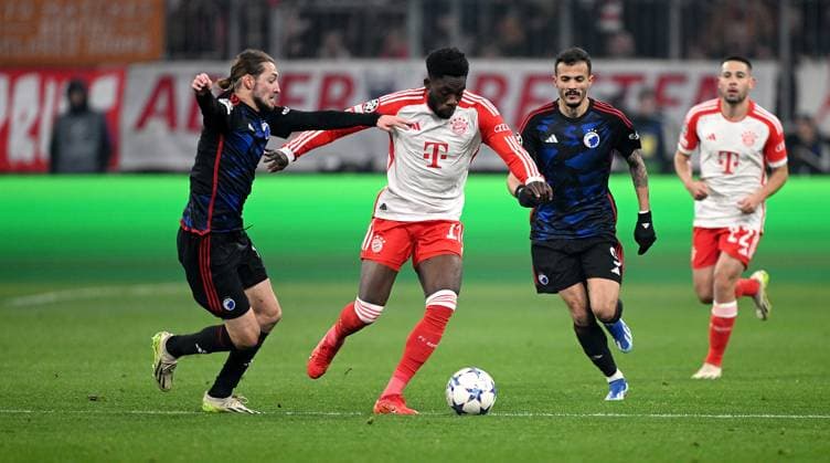 FOOTBALL CHAMPIONS LEAGUE SEASON 2023 2024 Preliminary Round Group A 5 Matchday FC Bayern Muenchen FC Copenhagen 29 11 2023 Rasmus Falk left, FC Copenhagen v Alphonso Davies center, FC Bayern Muenchen v Diogo Goncalves right, FC Copenhagen