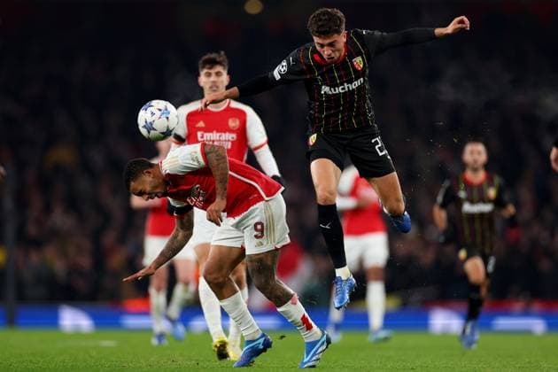 29th November 2023; Emirates Stadium, London, England; Champions League Football, Group Stage, Arsenal versus Lens; Abdukodir Khusanov of Lens fouls Gabriel Jesus of Arsenal  ActionPlus12581237 ShaunxBrooks