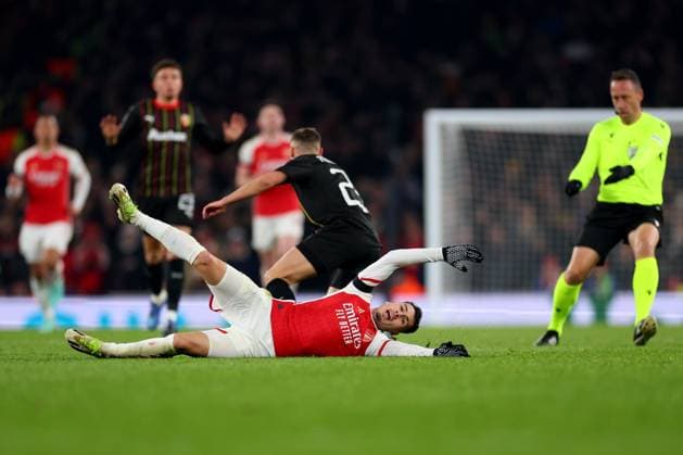 29th November 2023; Emirates Stadium, London, England; Champions League Football, Group Stage, Arsenal versus Lens; Gabriel Martinelli of Arsenal appeals for a free kick  ActionPlus12581340 ShaunxBrooks