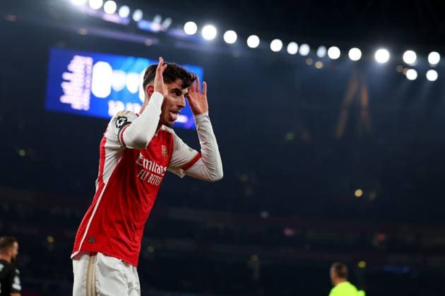 29th November 2023; Emirates Stadium, London, England; Champions League Football, Group Stage, Arsenal versus Lens; Kai Havertz of Arsenal celebrates after he scores for 1-0 in the 13th minute  ActionPlus12581349 ShaunxBrooks