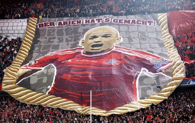 Munich, Germany 29 November 2023 Football, Men, Champions League, Matchday 5, Season 2023 2024, FC Bayern Munich FC Copenhagen, Allianz Arena Choreo, Choreography, in the South Curve, FC Bayern Munich, here Arjen Robben, Fan, Fans, Spectators, Banner