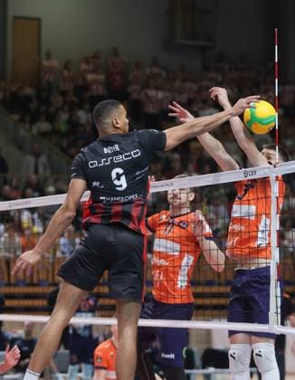(231130) -- LJUBLJANA, Nov. 30, 2023 -- Stephen Boyer (L, top) of Asseco Resovia Rzeszow competes during the 4th round pool B match of CEV Champions League Volley 2024 between ACH Volley Ljubljana and Asseco Resovia Rzeszow in Ljubljana, Slovenia, Nov. 29, 2023. (Photo by Xinhua) (SP)SLOVENIA-LJUBLJANA-CEV CHAMPIONS LEAGUE VOLLEY 2024 ZeljkoxStevanic 