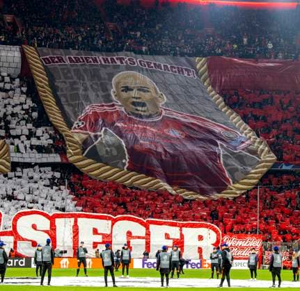 29 11 2023, Football UEFA Championsleague 2023 2024 5 Matchday preliminary round, FC Bayern Munich FC Copenhagen, in the Allianz Arena Munich Great choreography of the Bayern Südkurve for the European Cup victory 2013, with Arjen Robben DFL and DFB regulations prohibit any use of photographs as image sequences and or quasi video