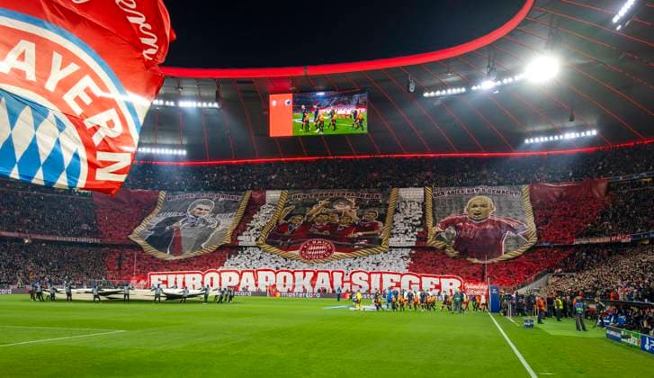 29 11 2023, Football UEFA Championsleague 2023 2024 5 Matchday preliminary round, FC Bayern Munich FC Copenhagen, in the Allianz Arena Munich Great choreography of the Bayern Südkurve for the European Cup victory 2013, with from left coach Jupp Heynckes, Philipp Lahm, Arjen Robben DFL and DFB regulations prohibit any use of photographs as image sequences and or quasi video