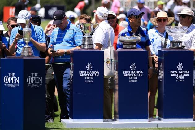 30th November 2023; The Australian Golf Club and The Lakes Golf Club, Sydney, New South Wales, Australia; ISPS HANDA Australian Open Round 1; Trophies on display on day 1 of the Australian Open L-R the British Open, The Men s Open Trophy, The Women s Open trophy, and the All Abilities Trophy  ActionPlus12581397 KevinxManning