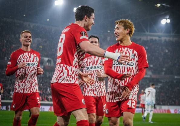 SC Freiburg Olympiacos FC Football UEFA Europa League 2023 2024, Matchday 5, SC Freiburg Olympiakos Piraeus, Europa Park Stadium, Freiburg Goal celebration Freiburgs Michael Gregoritsch and Freiburgs Ritsu Doan