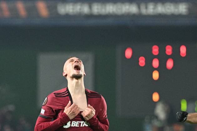 Fußball, EL, Sparta Prag - Real Betis Sevilla Lukas Haraslin (Sparta) celebrates goal (1:0) during the UEFA Europa League, 5th round, Group C, match AC Sparta Praha vs Real Betis (Sevilla), in Prague, Czech Republic, on November 30, 2023. (CTKxPhoto MichalxKamaryt) CTKPhotoP2023113008729  CTKPhotoP2023113008729