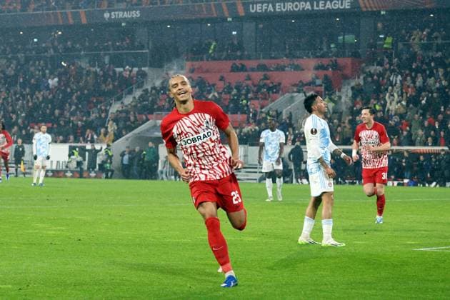 Freiburg, Germany 30 November 2023 Europa League 2023 2024 SC Freiburg vs Olympiakos Piraeus In the picture scorer Kiliann Sildillia SC Freiburg cheers after his goal to make it 4 0 Europa Park Stadion Baden Württemberg Copyright: xFotostandx xHettichx