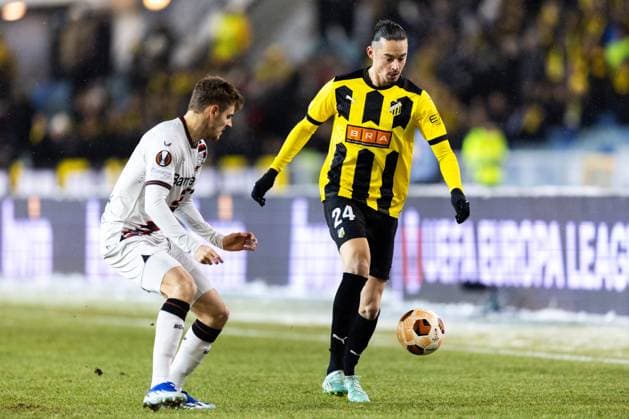 231130 Josip Stanisic of Bayer Leverkusen and Amor Layouni of BK Häcken during the UEFA Europa League football match between BK Häcken and Bayer Leverkusen on November 30, 2023 in Gothenburg Photo Michael Erichsen BILDBYRAN COP 89 MI0578 football soccer football uefa europa league bk häcken bayer leverkusen bbeng  Copyright: MICHAELxERICHSEN BB231130MI039
