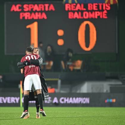 Veljko Birmancevic (in the back) and Qazim Laci (both Sparta) celebrate victory of the UEFA Europa League, 5th round, Group C, match AC Sparta Praha vs Real Betis (Sevilla), in Prague, Czech Republic, on November 30, 2023. (CTKxPhoto MichalxKamaryt) CTKPhotoP2023113009150  CTKPhotoP2023113009150
