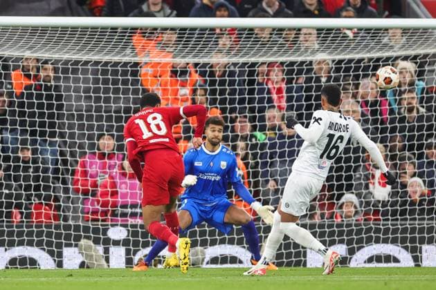 UEFA Europa League Group E Liverpool v LASK Cody Gakpo 18 of Liverpool shoots on goal during the UEFA Europa League Group E match Liverpool vs LASK at Anfield, Liverpool, United Kingdom, 30th November 2023 (Photo by Mark Cosgrove News Images) Copyright: xMarkxCosgrove NewsxImagesx