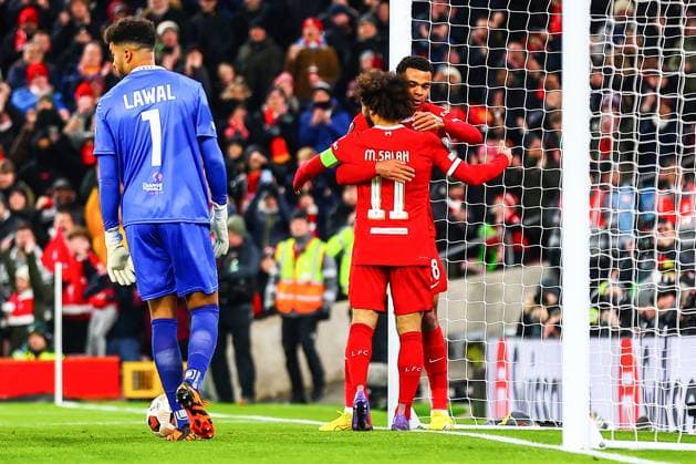 Liverpool FC v LASK FC Cody Gakpo of Liverpool celebrates scoring his sides second goal of the match with Mohamed Salah during the Liverpool FC v LASK FC UEFA Europa League Group E match at Anfield, Liverpool, England, United Kingdom on 30 November 2023 Editorial Use Only Copyright: xIMAGO EveryxSecondxMediax ESM-0862-0021