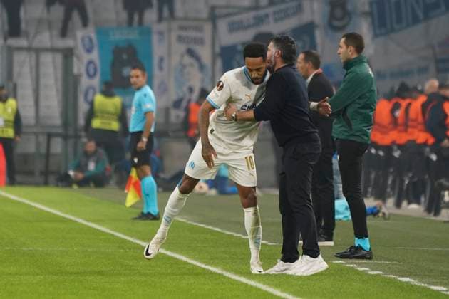 Fußball, EL, Olympique Marseille - Ajax Amsterdam Joie - Pierre Emerick Aubameyang (Olympique de Marseille) - Gennaro Gattuso (Entraineur de l Olympique de Marseille) FOOTBALL : Olympique de Marseille vs Ajax d™Amsterdam - Europa League - Phase de groupe - Marseille - 30 11 2023 NorbertScanella Panoramic 
