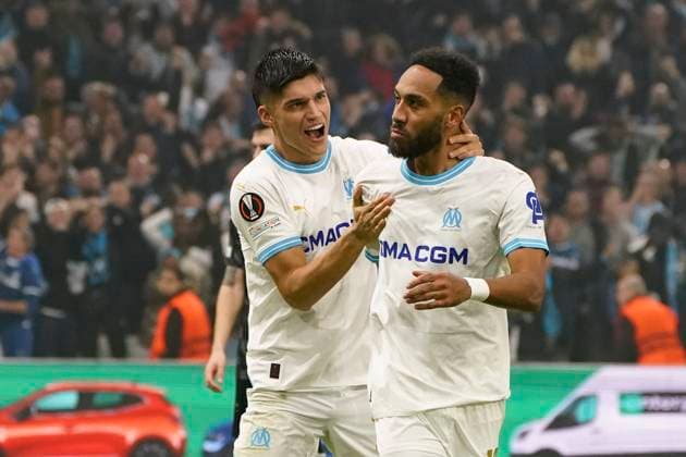 Fußball, EL, Olympique Marseille - Ajax Amsterdam Joie - Pierre Emerick Aubameyang (Olympique de Marseille) - Carlos Joaquin Correa (Olympique de Marseille) FOOTBALL : Olympique de Marseille vs Ajax d™Amsterdam - Europa League - Phase de groupe - Marseille - 30 11 2023 NorbertScanella Panoramic 