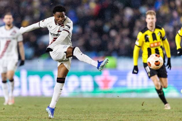 231130 Nathan Tella of Bayer Leverkusen during the UEFA Europa League football match between BK Häcken and Bayer Leverkusen on November 30, 2023 in Gothenburg Photo Michael Erichsen BILDBYRAN COP 89 MI0578 football soccer football uefa europa league bk häcken bayer leverkusen bbeng  Copyright: MICHAELxERICHSEN BB231130MI057