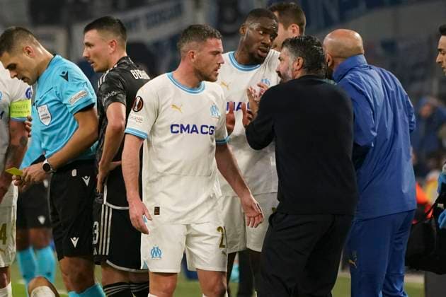 Gennaro Gattuso (Entraineur de l Olympique de Marseille) - Jordan Veretout (Olympique de Marseille) FOOTBALL : Olympique de Marseille vs Ajax d™Amsterdam - Europa League - Phase de groupe - Marseille - 30 11 2023 NorbertScanella Panoramic 