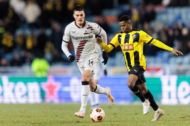 231130 Patrik Schick of Bayer Leverkusen and Abdulrazaq Ishaq of BK Häcken during the UEFA Europa League football match between BK Häcken and Bayer Leverkusen on November 30, 2023 in Gothenburg Photo Michael Erichsen BILDBYRAN COP 89 MI0578 fotboll football soccer fotball uefa europa league bk häcken bayer leverkusen bbeng  Copyright: MICHAELxERICHSEN BB231130MI068