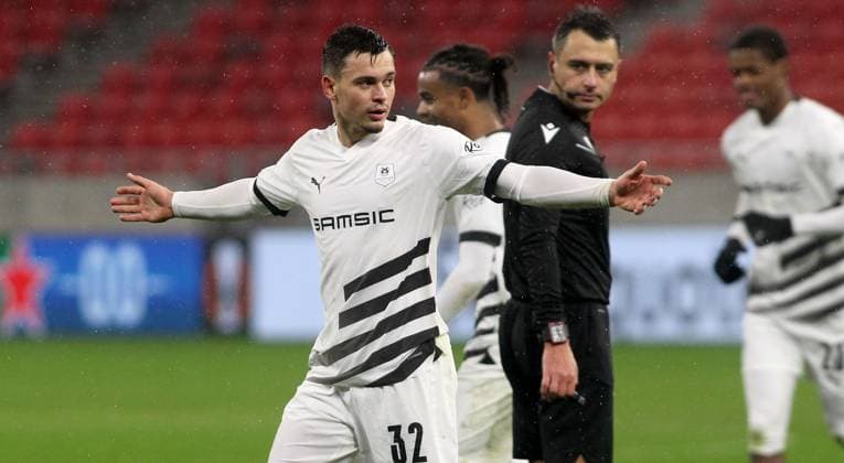 Fabian Rieder FC Stade Rennais celebrate third scored goal duirng match FOOTBALL : Maccabi Haifa Vs Stade Rennais - Ligue Europa - 30 11 2023 AleksandarDjorovic Panoramic 