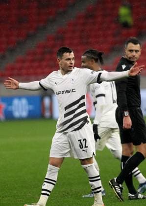 Fabian Rieder FC Stade Rennais celebrate third scored goal during match FOOTBALL : Maccabi Haifa Vs Stade Rennais - Ligue Europa - 30 11 2023 AleksandarDjorovic Panoramic 