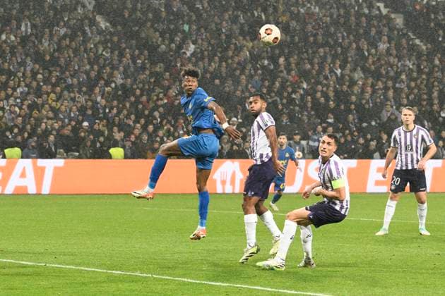 Tete de Kevin RODRIGUEZ (USG) Match Toulouse Football Club vs. Union Saint-Gilloise de la phase de groupes de l™UEFA Europa League au Stadium de Toulouse, le 30 Novembre 2023. FOOTBALL : Toulouse Football Club vs. Union Saint Gilloise - Europa League ValentinaClaret Panoramic 