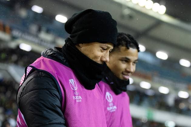 231130 Tobias Sana and Momodou Sonko of BK Häcken during the UEFA Europa League football match between BK Häcken and Bayer Leverkusen on November 30, 2023 in Gothenburg Photo Michael Erichsen BILDBYRAN COP 89 MI0578 bayer leverkusen bbeng bk häcken football fotball fotboll fotboll soccer uefa europa league  Copyright: MICHAELxERICHSEN BB231130MI079