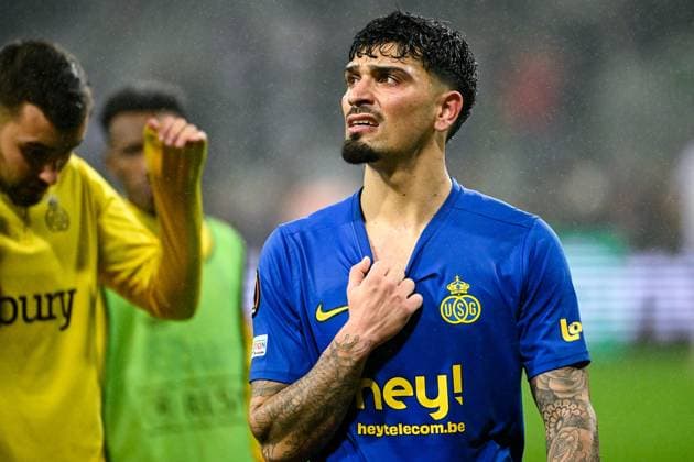 Union s Cameron Puertas Castro looks dejected during a soccer game French Toulouse FC and between Belgian Royale Union Saint Gilloise, on day 5 of the group phase of the UEFA Europa League competition, in group E, on Thursday 30 November 2023 in Toulouse, France. LAURIExDIEFFEMBACQ  x81205662x